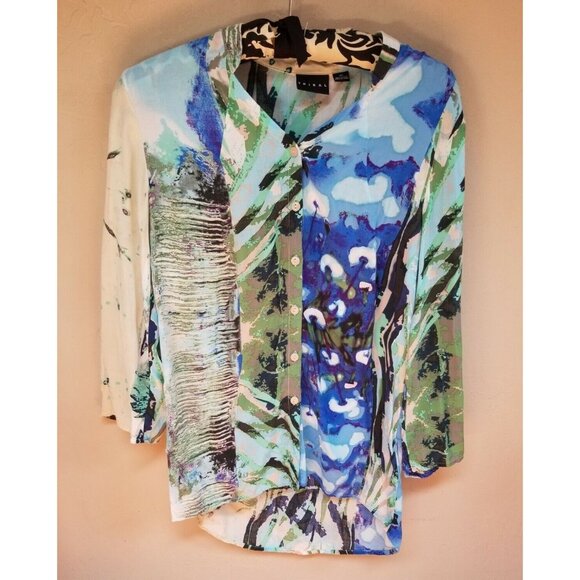 Tribal Women Abstract Print Button Down Tunic Top Shirt Size XS Blue 3/4 Sleeves - Picture 1 of 5